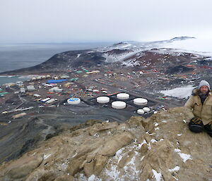Ducky at Observation Hill with McMurdo station in the background.
