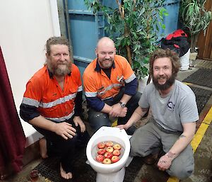 Three expeditioners with apples in a toilet bowl.