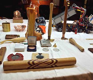 A table full of hand made craft goods.