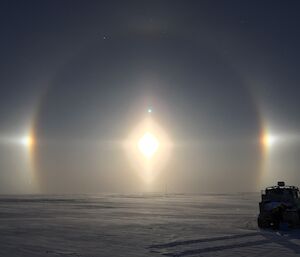 A sun dog, which is a meteorological phenomenon light formation at Wilkins runway.
