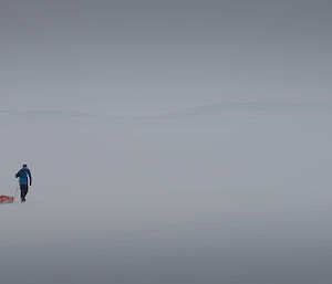 Expeditioner on sea ice pulling a sled.