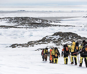 Group of expeditioners with packs on in foreground heading downhill towards sea ice covered channel with rocky island in background