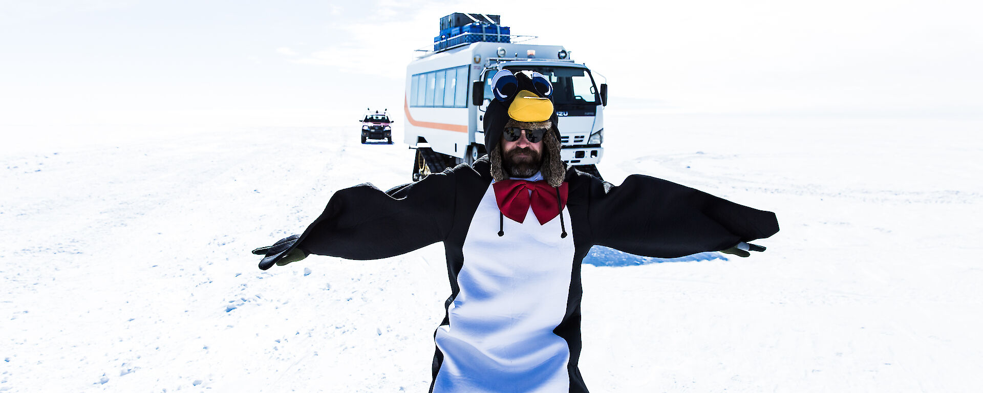 Man with beard and sun glasses dressed in penguin outfit in foreground with tracked white and orange bus behind.