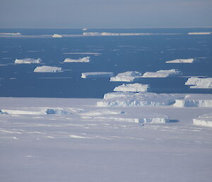 Photo of white ice and blue sea with white icebergs.