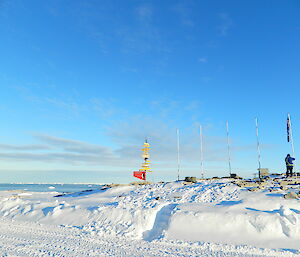 A bright blue sky about a small rocky snow covered hill. On hill are five flag poles to with one flag being raised by an expedition in blue winter gear. Casey sign with direction arrows in centre of photo beside flag poles.