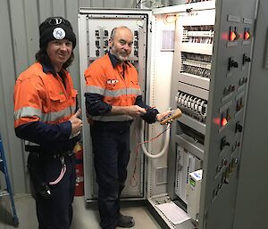 Two men standing in front of a switch board.
