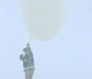 White out conditions, Can barely see man in blue jacket and brown overpants holding a very large white balloon.