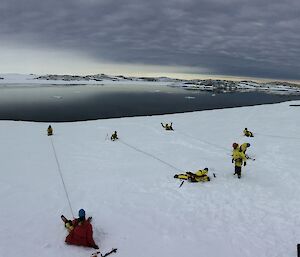 Four rope lines running down a slope with an expeditioner at each end. Snow covered slope stretching down to waters edge, grey bay behind with thick grey cloud across top of picture becoming more ominious to the right of picture