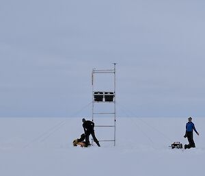 White snow covered ground, flat to horizen. Above sky is a similar white expanse. Centre picture a metal tower about 4m high, at base a man weilding a large hammer with person standing beside with boxes of equipment
