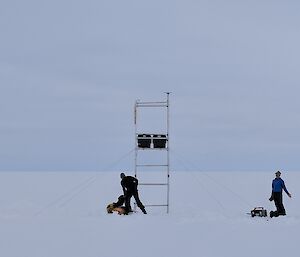 White snow covered ground, flat to horizen. Above sky is a similar white expanse. Centre picture a metal tower about 4m high, at base a man wielding a large hammer with person standing beside with boxes of equipment