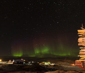Bright green swirling aurora on horizen in distance, In foreground, right, the Casey sign which displays distances to far off places, left, the station buildings