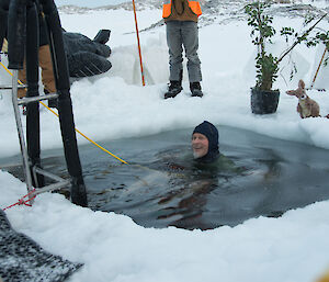 Man swiming in ice hole, head just sticking out, wearing a hood and smiling