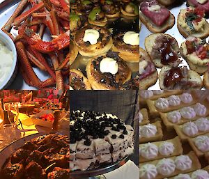 A montage of six photos of the food from the midwinter feast, crab legs, canapes of caramalised onion tart and croutons with beef and duck, lamb fillets, chocolate cake and lemon tart slices