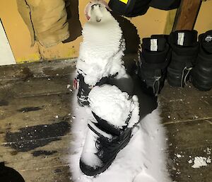 Boots standing on wooden floor near vent in wall have been covered in blown snow