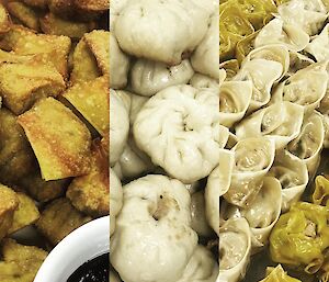 three images in one, three different trays of dumplings, left fried wontons, centre pork buns, right shumai