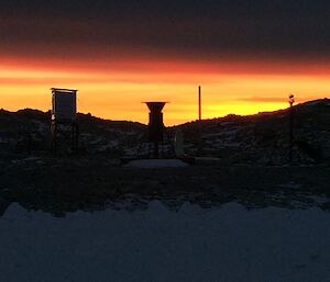 A weather station instrument shelter sillouettted against the horizen at sunset