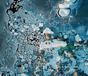 Photo taken from a drone, a shot taken from above looking down at the edge of the water as the ice forms and the wind action creates rounds of ice that look like lilypads