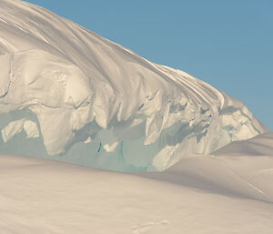 Snow rolling off the edge of an ice cliff
