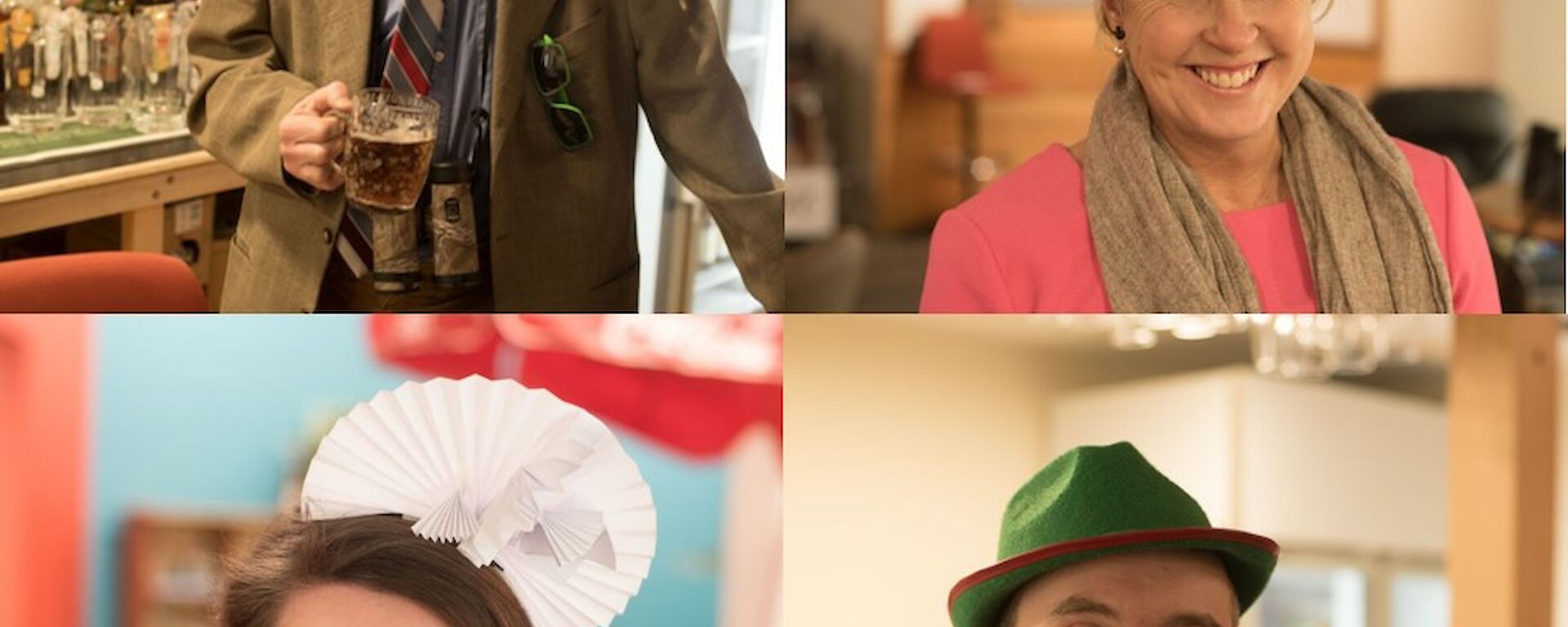 Four portrait shots of race goers, men in jackets tie and hats, women in facinators (one a red box with windows down the side to look like the Casey living quarters building)