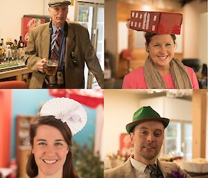 Four portrait shots of race goers, men in jackets tie and hats, women in facinators (one a red box with windows down the side to look like the Casey living quarters building)