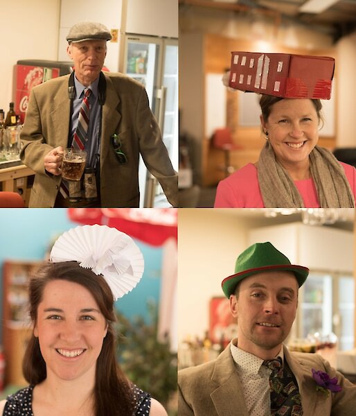 Four portrait shots of race goers, men in jackets tie and hats, women in facinators (one a red box with windows down the side to look like the Casey living quarters building)