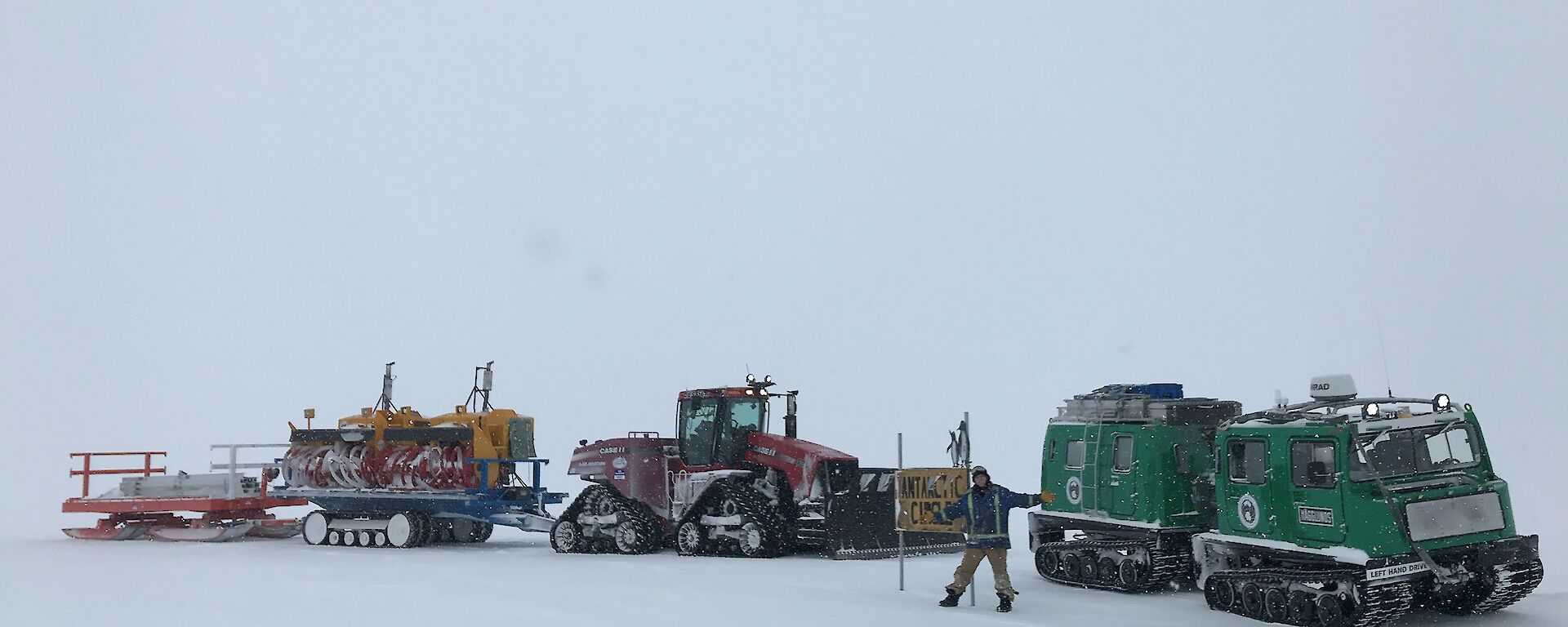 Man stands at Antarctic circle sign with vehicles lined up behind — green Hägglunds on right and large tractor with two trailers attached on left, on middle trailer are two yellow snow blowers.