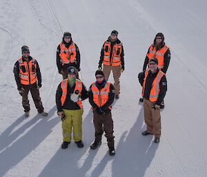 Ground support team looked at from above, all wearing black jackets and high vis vests over, standing on ice runway
