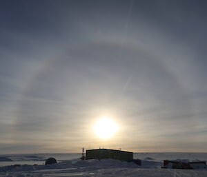 Photo taken directly into the sun showing a halo around the sun, foreground station buildings