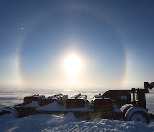 In foreground is the Wilkins proof roller, in the distance the rice ranway and sun halo above