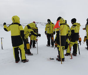 Group standing around on the ice learning how to drill sea ice depths