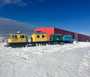 three Haggs lined up near the red shed ready to go