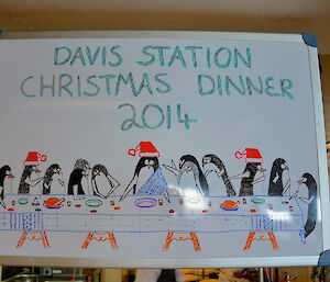 Menu outlining the dishes of the day c/o our very clever artist Mr Aaron Cox — depicts the Last Supper with penguins