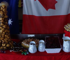 Panorama of a dessert buffet featuring a tall tower of profiteroles