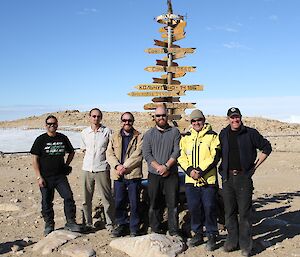 Expeditioners standing in front of a sign post at Progress