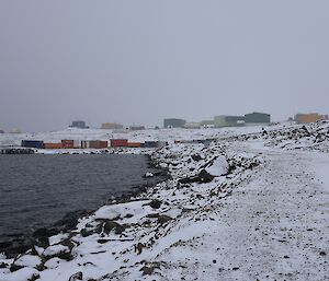 Davis station looking north across fresh snow