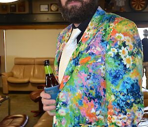 Expeditioner in a multi-coloured suit