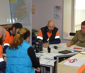 Expeditioners sitting around a table planning an emergency response