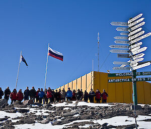 Group of Russian and Australian expeditioners meeting at the helipad at Davis