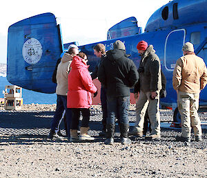 Expeditioners from Russian and Australian stations greeting each other at the helipad