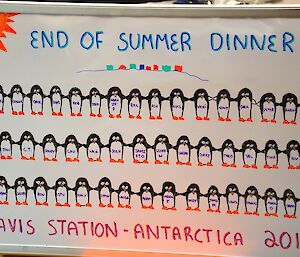 Menu board decorated with penguins named after each of the Davis expeditioners