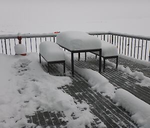 Snow covering tables and chairs