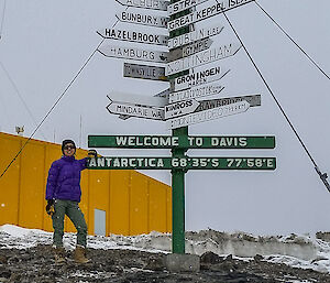Expeditioner posing by signposts