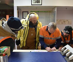 Expeditioners crouching in front of maps prior to a station search.