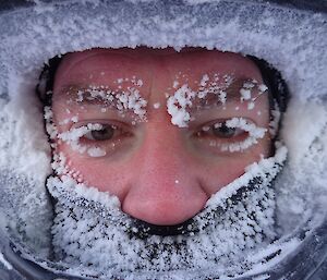 Close up of an expeditioners frosted face