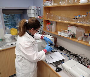 Doctor in white lab coat filling the test tray