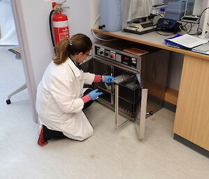 Doctor in white lab coat incubating a row of water samples