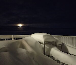 Moon concealed by cloud above a balcony covered in snow