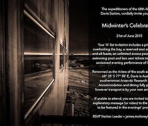 Front page of midwinter’s invite. building side on with sea ice in background and text on right hand side