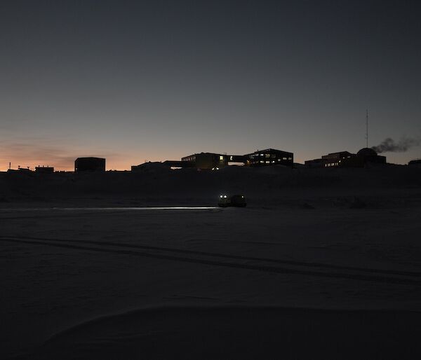 Silhouette shot of station from out on the sea ice