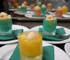 Ginger beer sorbet with Lychee in handmade ice shot glasses